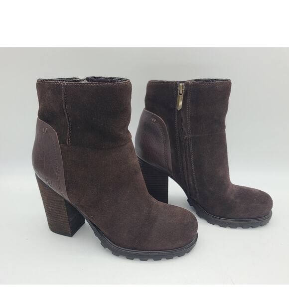 Sam Edelman Brown Suede & Leather Stacked 4" Heel Ankle Booties Lug Sole Sz 7.5 - Picture 2 of 10